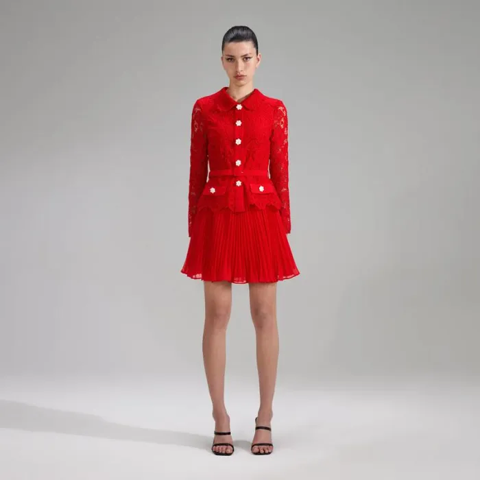 Dresses Woman SelfPortrait Red Buttoned Guipure Lace Mini Dress