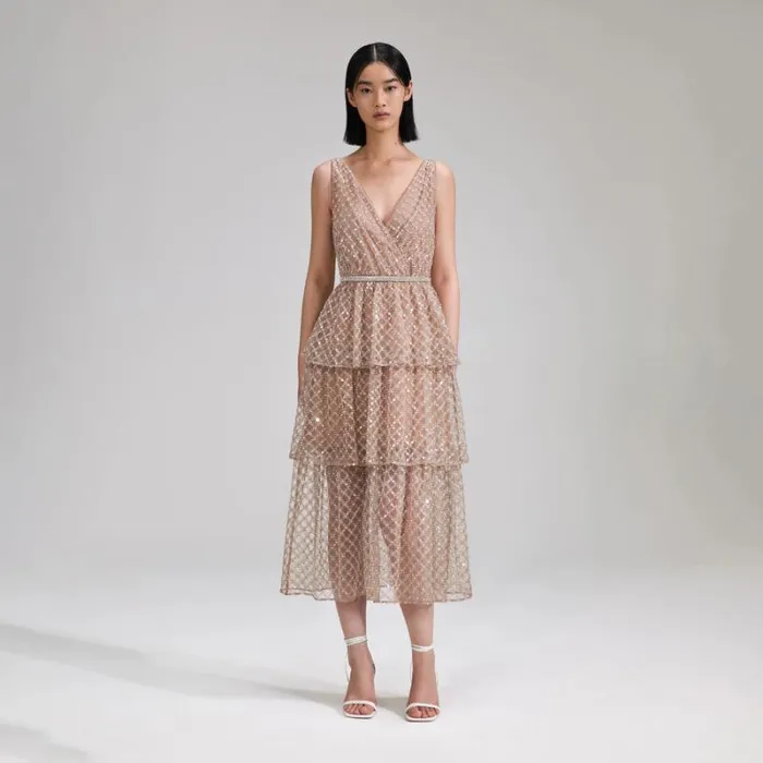 Dresses Woman SelfPortrait Tan Grid Sequin Tiered Midi Dress