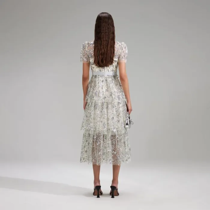 Dresses Woman SelfPortrait Tan Grid Sequin Tiered Midi Dress Dresses Woman SelfPortrait Tan Grid Sequin Tiered Midi Dress