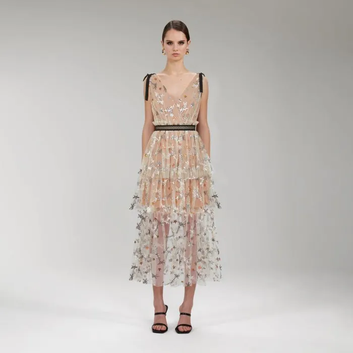 Dresses Woman SelfPortrait Tan Grid Sequin Tiered Midi Dress Dresses Woman SelfPortrait Tan Grid Sequin Tiered Midi Dress