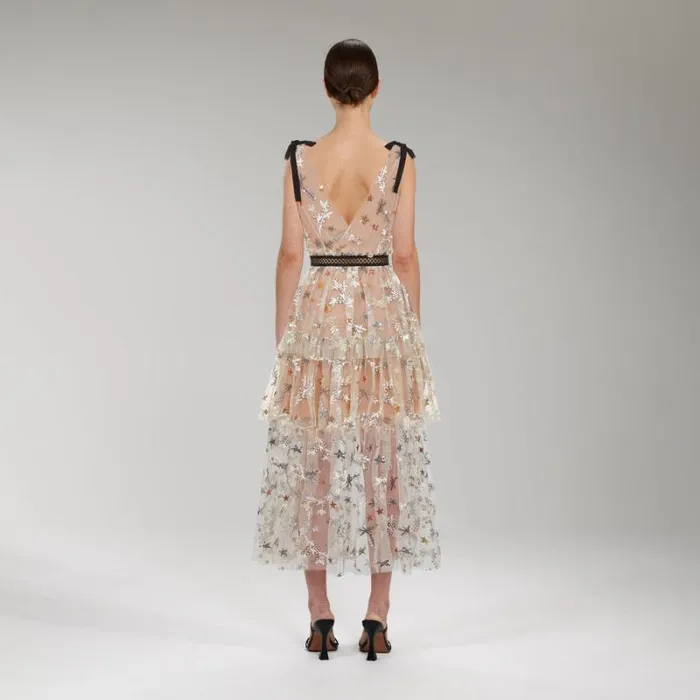 Dresses Woman SelfPortrait Tan Grid Sequin Tiered Midi Dress Dresses Woman SelfPortrait Tan Grid Sequin Tiered Midi Dress