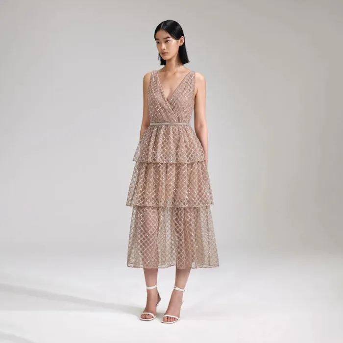 Dresses Woman SelfPortrait Tan Grid Sequin Tiered Midi Dress Dresses Woman SelfPortrait Tan Grid Sequin Tiered Midi Dress