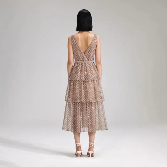 Dresses Woman SelfPortrait Tan Grid Sequin Tiered Midi Dress Dresses Woman SelfPortrait Tan Grid Sequin Tiered Midi Dress