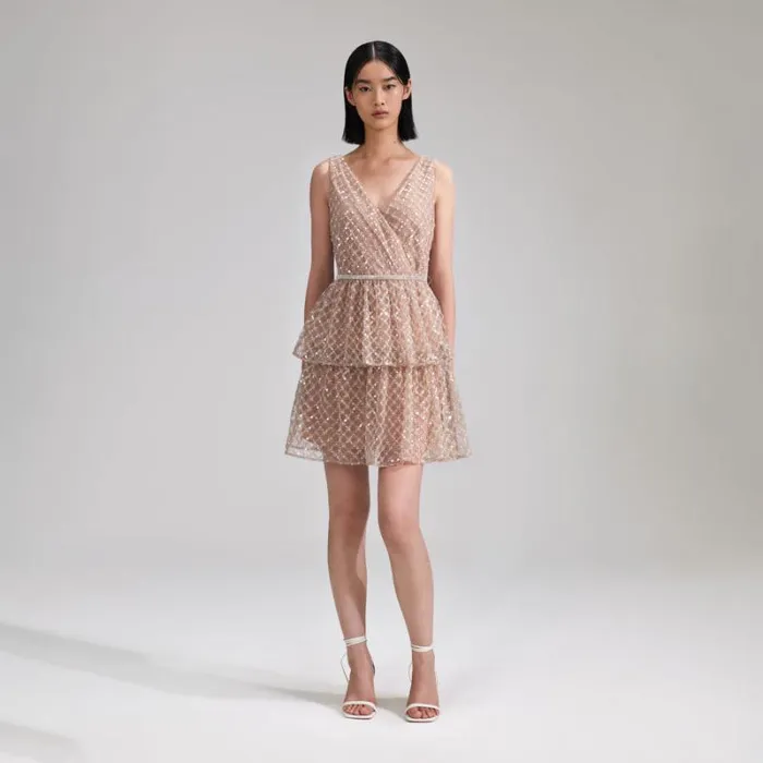 Dresses Woman SelfPortrait Tan Grid Sequin Tiered Midi Dress Dresses Woman SelfPortrait Tan Grid Sequin Tiered Midi Dress