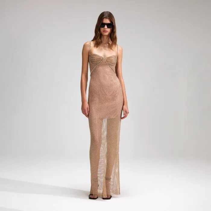 Dresses Woman SelfPortrait Tan Rhinestone Fishnet Maxi Dress