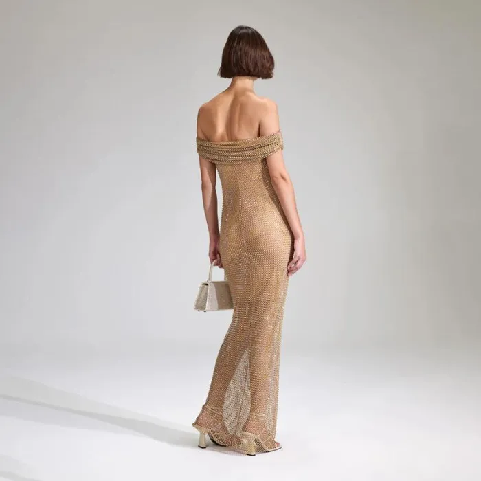 Dresses Woman SelfPortrait Tan Rhinestone Fishnet Maxi Dress Dresses Woman SelfPortrait Tan Rhinestone Fishnet Maxi Dress