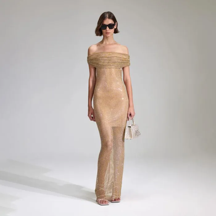 Dresses Woman SelfPortrait Tan Rhinestone Fishnet Maxi Dress Dresses Woman SelfPortrait Tan Rhinestone Fishnet Maxi Dress