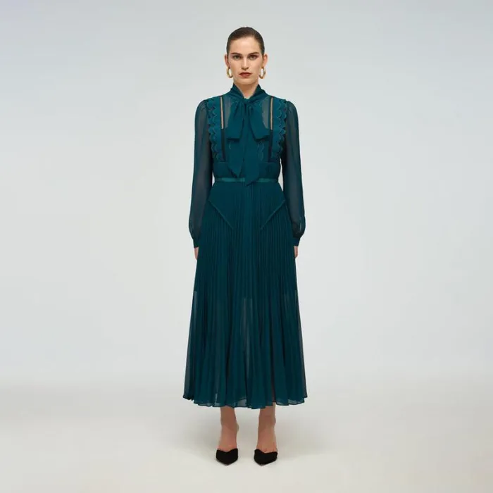 Dresses Woman SelfPortrait Teal Chiffon Scallop Midi Dress