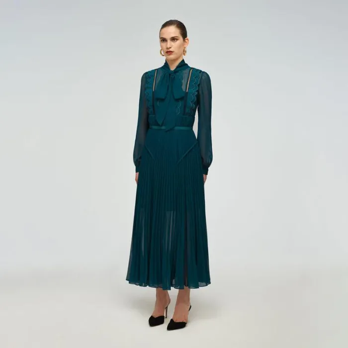 Dresses Woman SelfPortrait Teal Chiffon Scallop Midi Dress Dresses Woman SelfPortrait Teal Chiffon Scallop Midi Dress