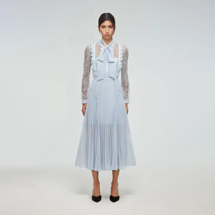 Dresses Woman SelfPortrait Teal Chiffon Scallop Midi Dress Dresses Woman SelfPortrait Teal Chiffon Scallop Midi Dress
