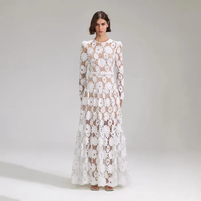 Dresses Woman SelfPortrait White 3D Cotton Lace Maxi Dress