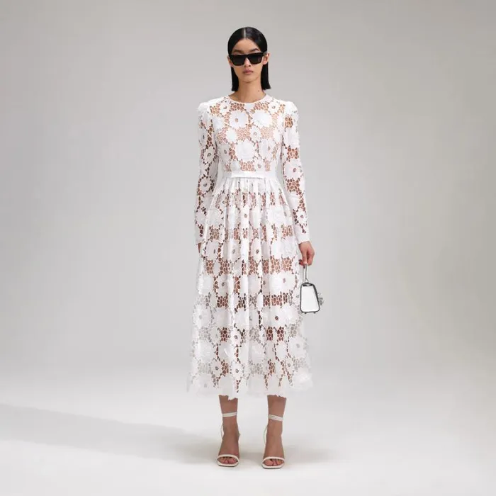 Dresses Woman SelfPortrait White 3D Cotton Lace Midi Dress