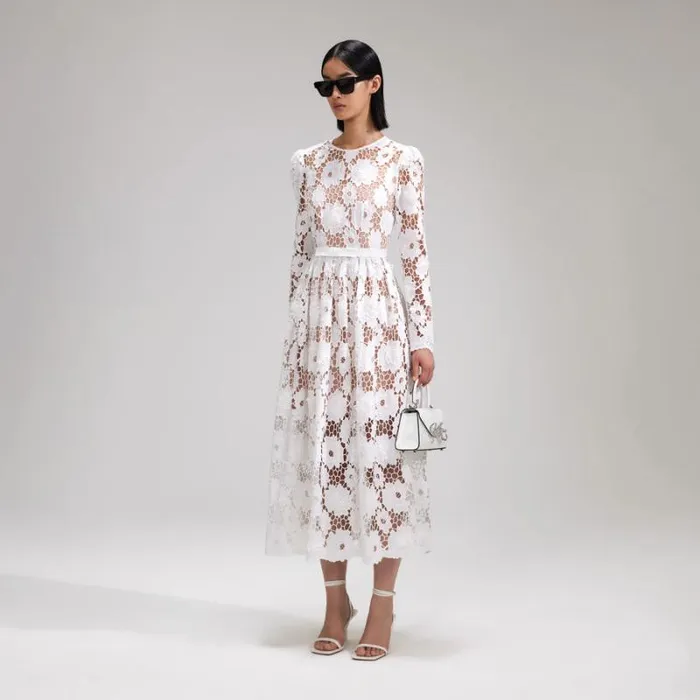 Dresses Woman SelfPortrait White 3D Cotton Lace Midi Dress Dresses Woman SelfPortrait White 3D Cotton Lace Midi Dress