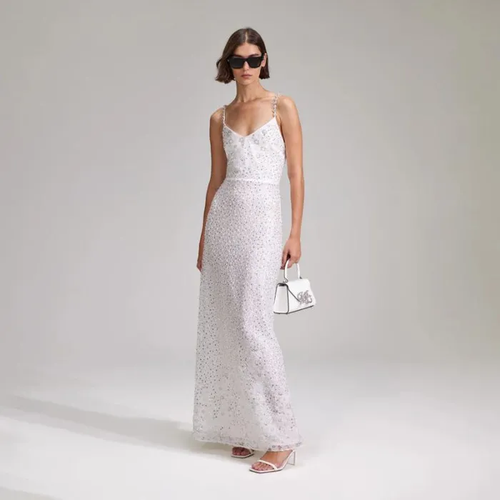 Dresses Woman SelfPortrait White Beaded Sequin Maxi Dress