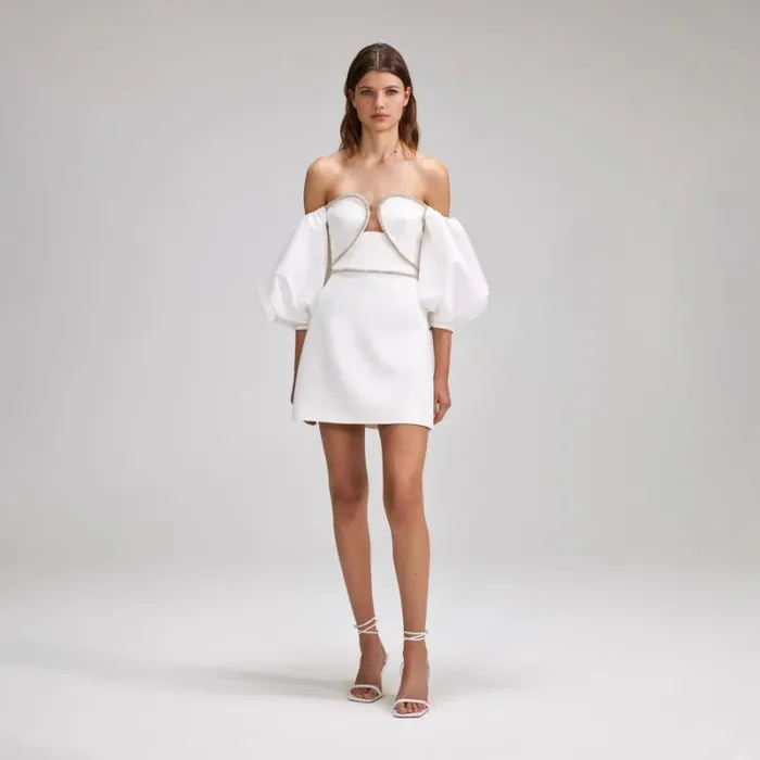 Dresses Woman SelfPortrait White Bonded Crepe Puff Sleeve Mini Dress