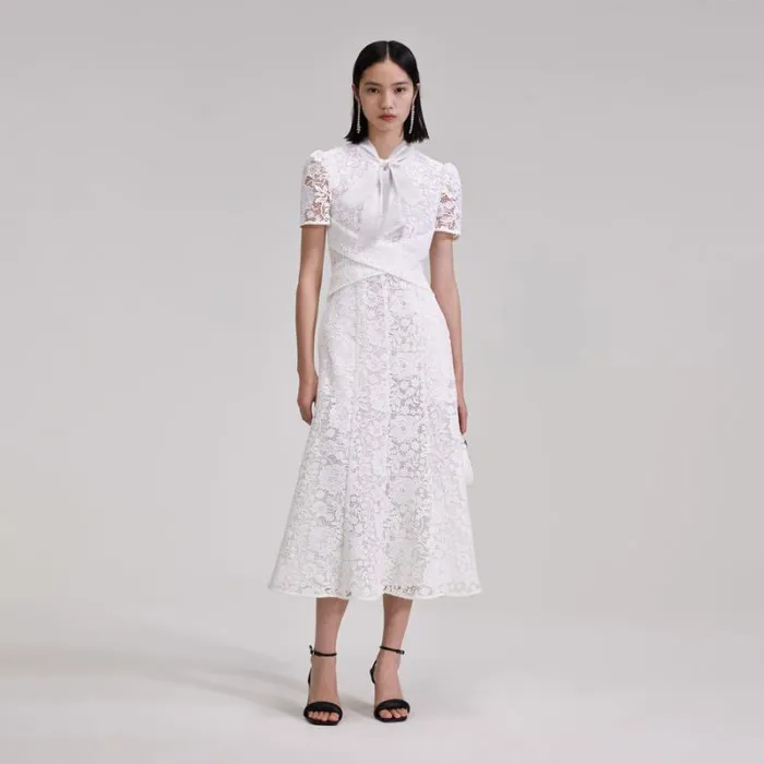 Dresses Woman SelfPortrait White Cord Lace Crossover Midi Dress