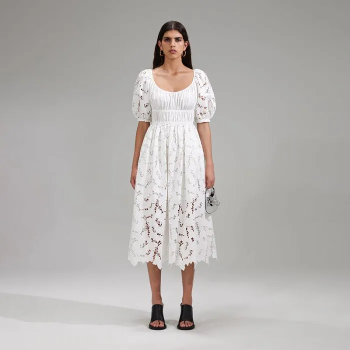 Dresses Woman SelfPortrait White Cotton Lace Midi Dress