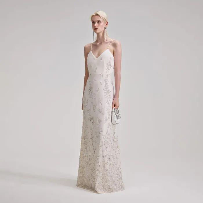Dresses Woman SelfPortrait White Embellished V Neck Maxi Dress Dresses Woman SelfPortrait White Embellished V Neck Maxi Dress