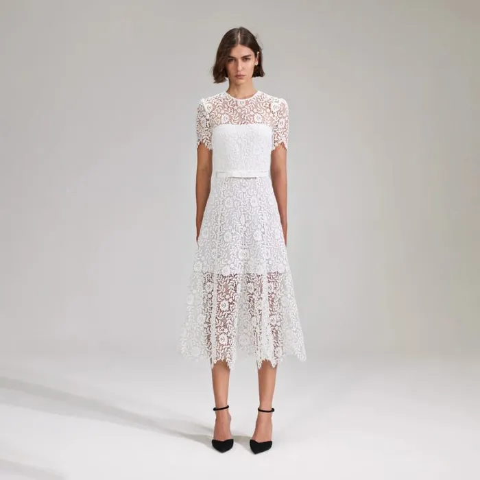 Dresses Woman SelfPortrait White Rose Lace Midi Dress