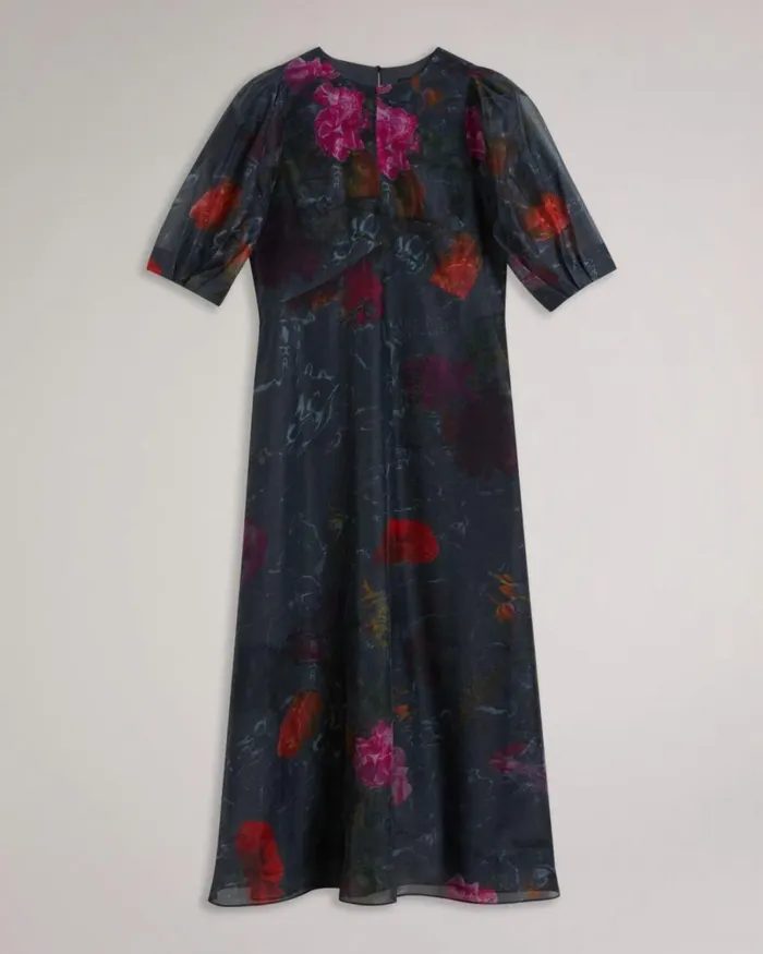 Empire Line Midi Dress With Puff Sleeve Black Women Ted Baker Clothing