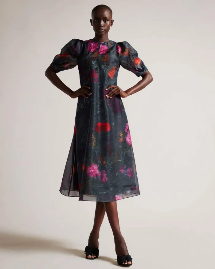 Empire Line Midi Dress With Puff Sleeve Black Women Ted Baker Clothing Empire Line Midi Dress With Puff Sleeve Black Women Ted Baker Clothing