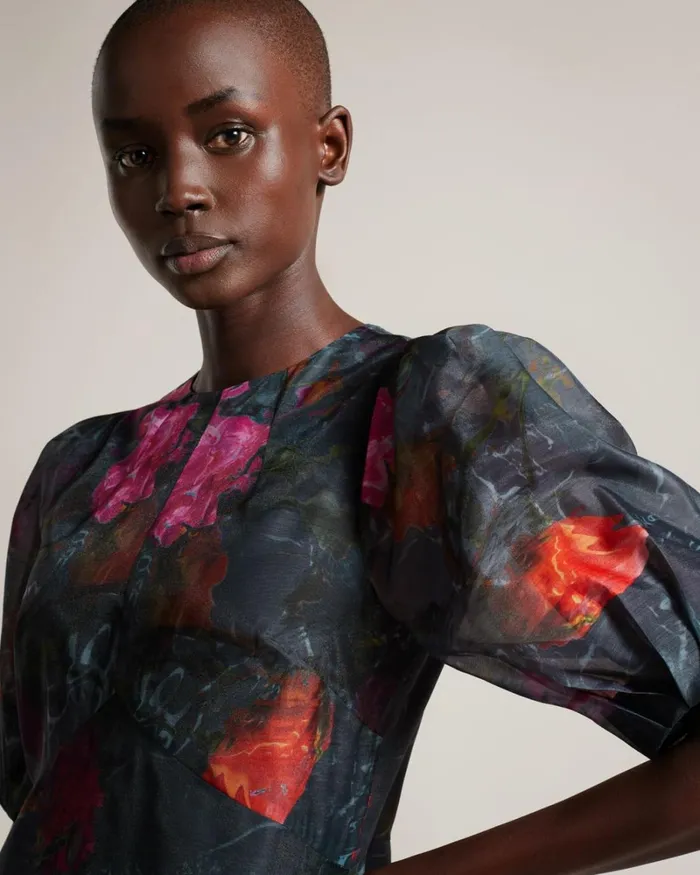 Empire Line Midi Dress With Puff Sleeve Black Women Ted Baker Clothing Empire Line Midi Dress With Puff Sleeve Black Women Ted Baker Clothing