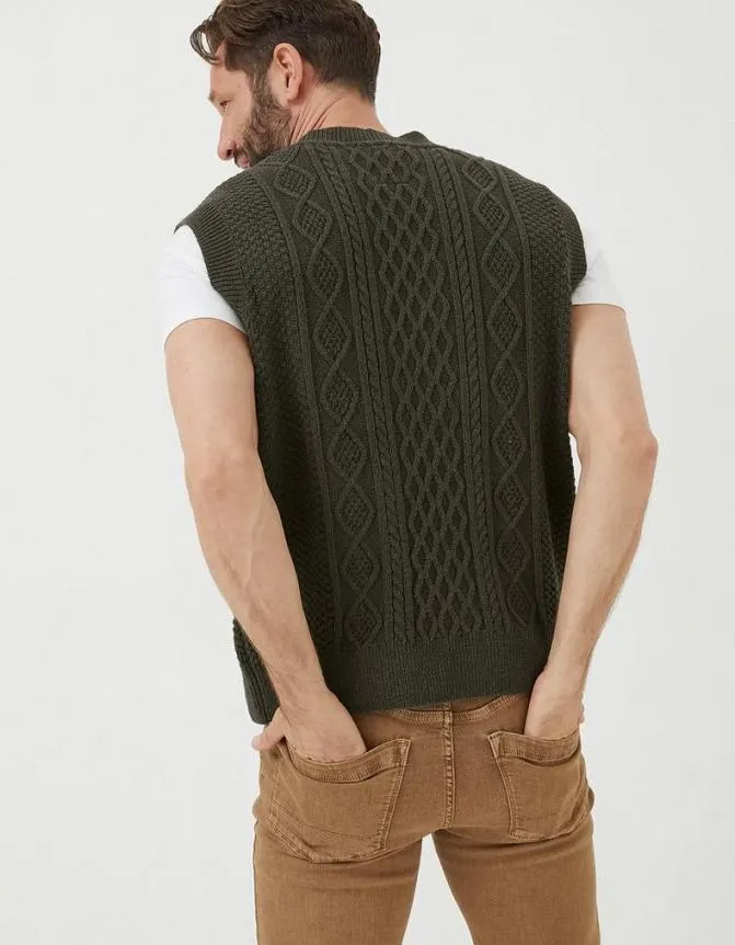 Fatface Knitwear Carter Cable Knitted Tank Khaki Green 8211 Men