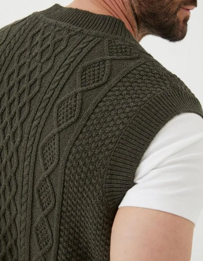 Fatface Knitwear Carter Cable Knitted Tank Khaki Green 8211 Men