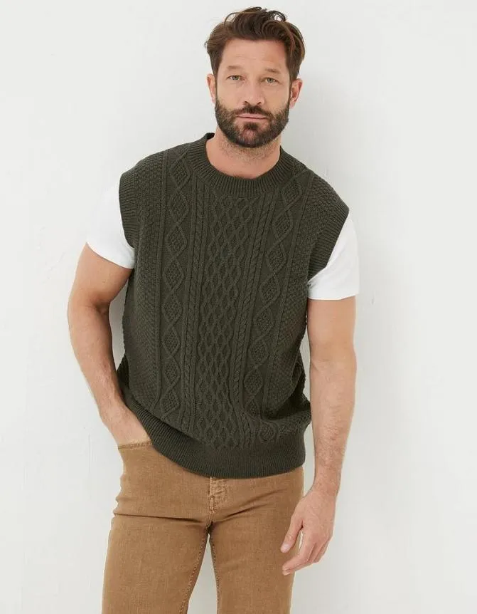 Fatface Knitwear Carter Cable Knitted Tank Khaki Green 8211 Men