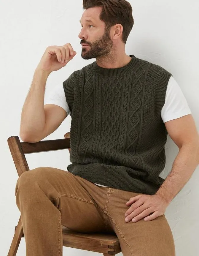 Fatface Knitwear Carter Cable Knitted Tank Khaki Green 8211 Men