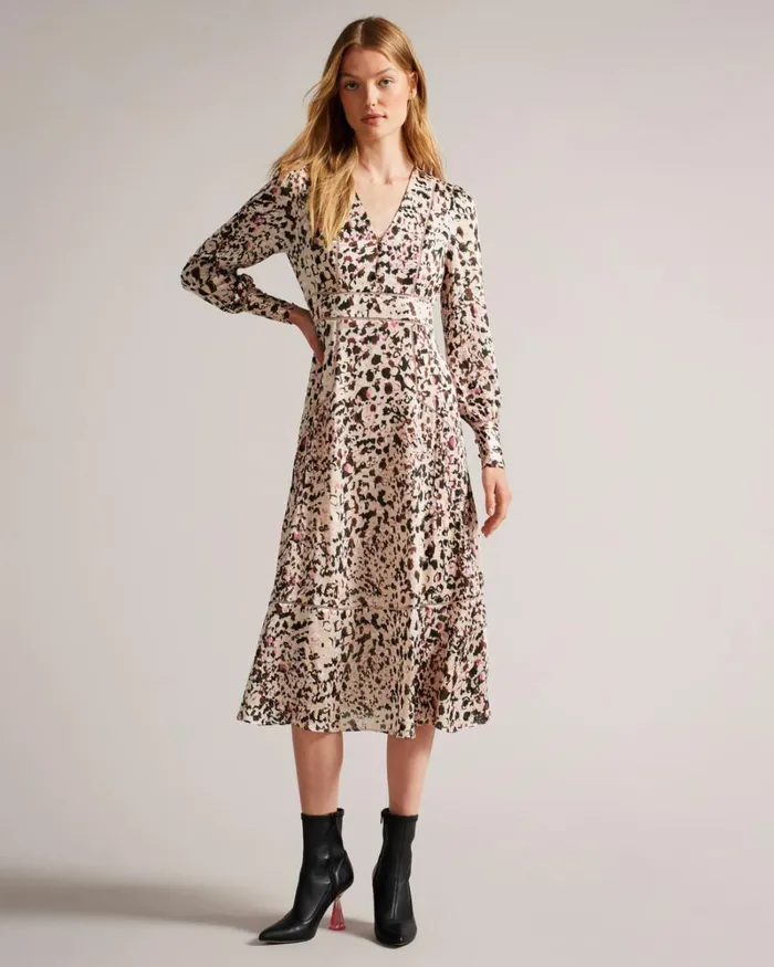 Fit And Flare Midi Dress With Ladder Insert Dusky Pink Women Ted Baker Clothing Fit And Flare Midi Dress With Ladder Insert Dusky Pink Women Ted Baker Clothing