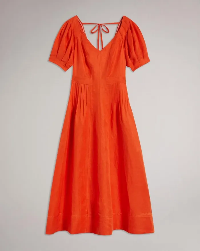 Fit And Flare Puff Sleeve Midi Dress Bright Orange Women Ted Baker Clothing