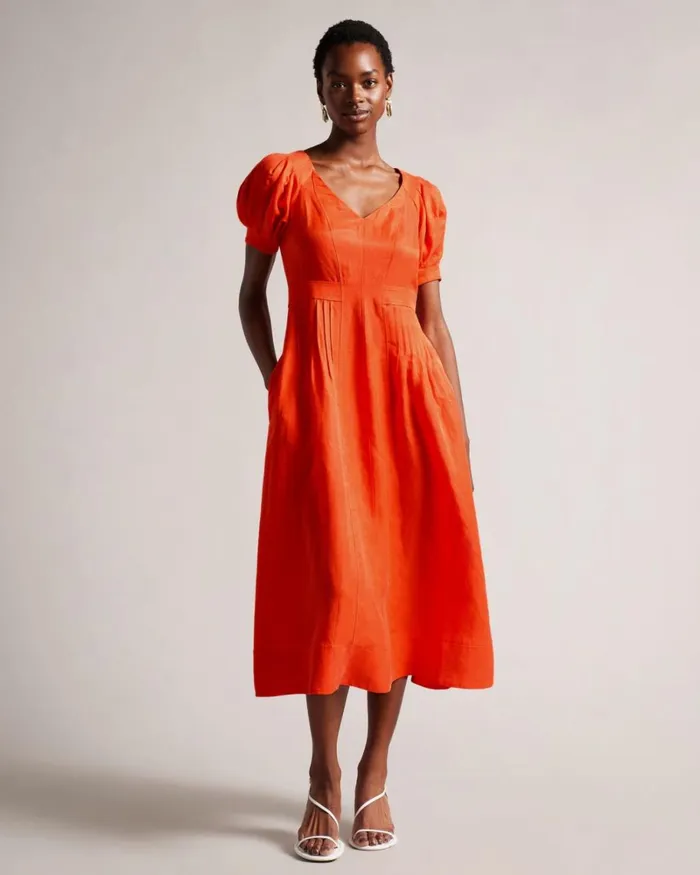Fit And Flare Puff Sleeve Midi Dress Bright Orange Women Ted Baker Clothing