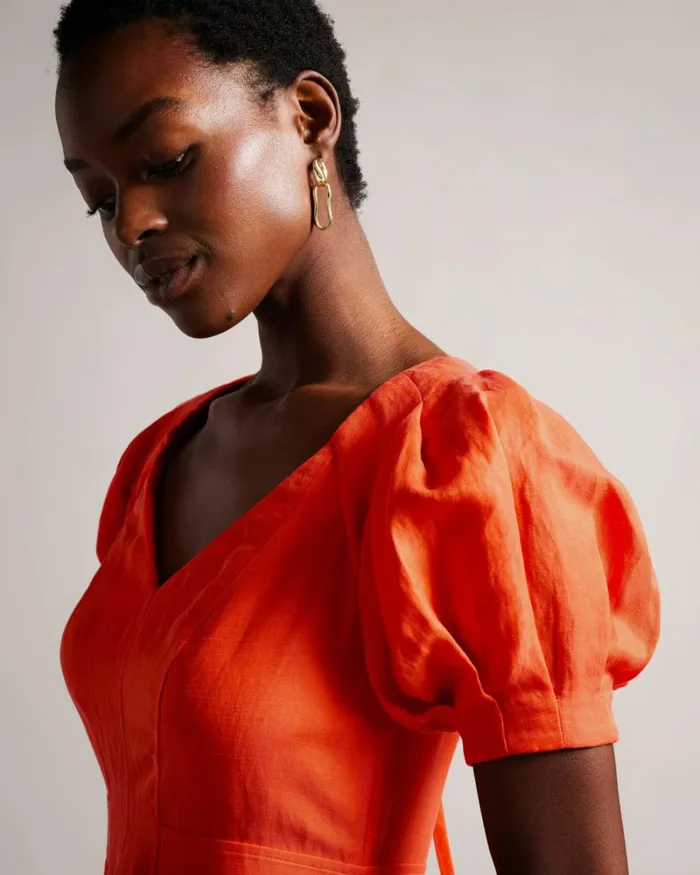 Fit And Flare Puff Sleeve Midi Dress Bright Orange Women Ted Baker Clothing