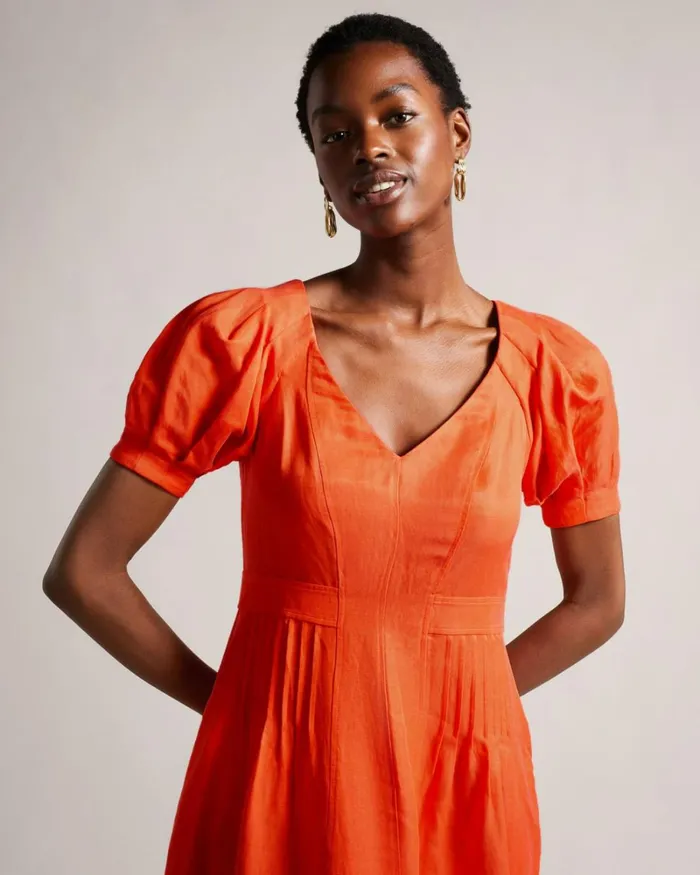 Fit And Flare Puff Sleeve Midi Dress Bright Orange Women Ted Baker Clothing