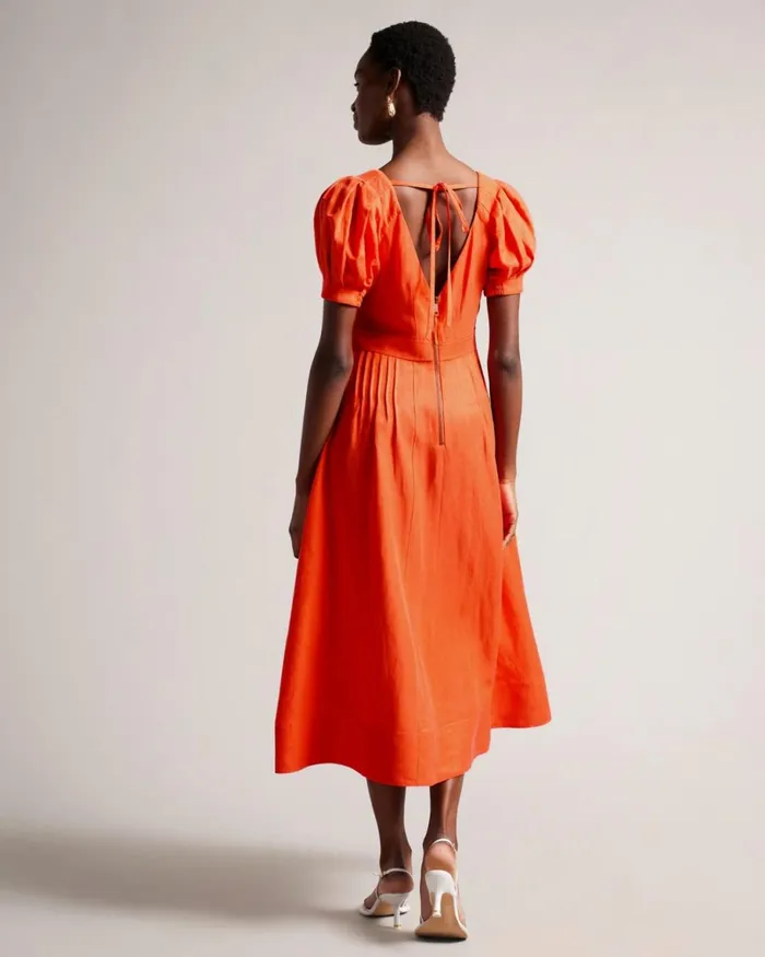 Fit And Flare Puff Sleeve Midi Dress Bright Orange Women Ted Baker Clothing