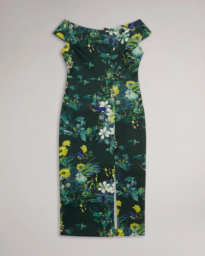 Floral Pleated Bardot Bodycon Dress Dark Green Women Ted Baker Clothing