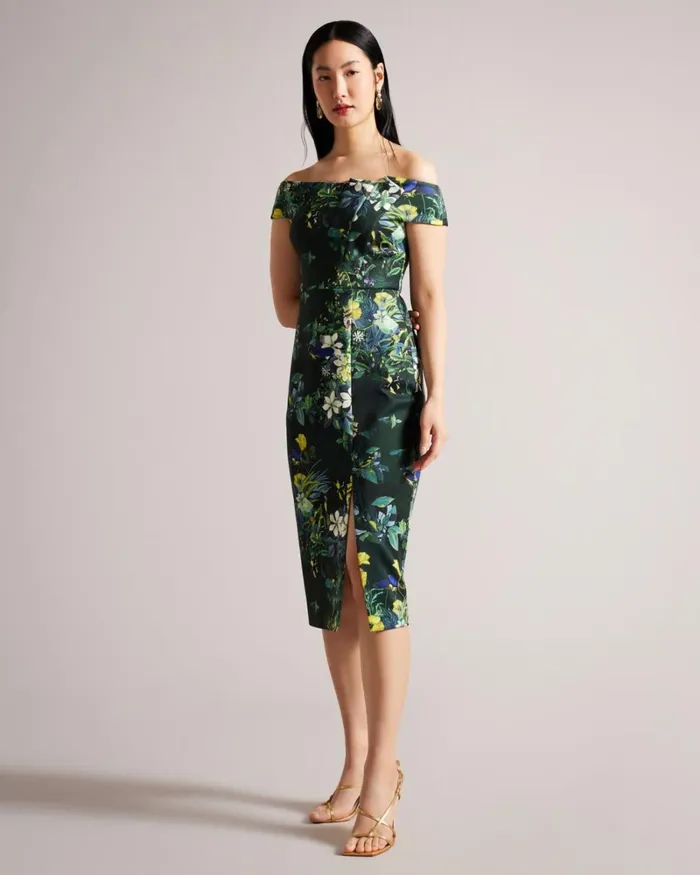 Floral Pleated Bardot Bodycon Dress Dark Green Women Ted Baker Clothing Floral Pleated Bardot Bodycon Dress Dark Green Women Ted Baker Clothing
