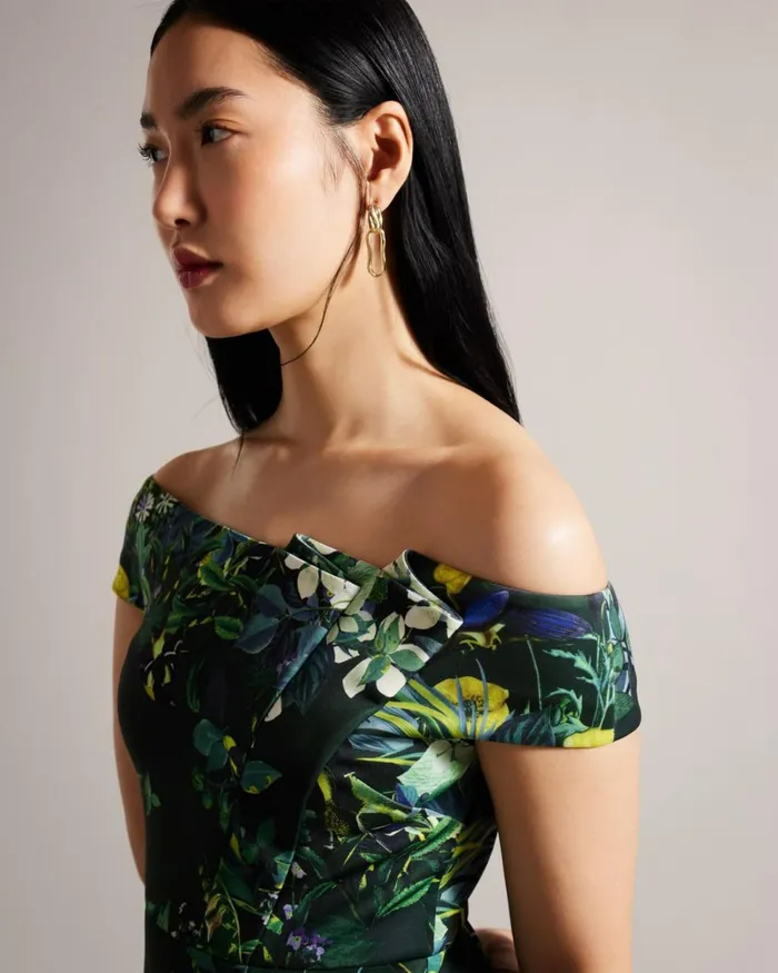 Floral Pleated Bardot Bodycon Dress Dark Green Women Ted Baker Clothing Floral Pleated Bardot Bodycon Dress Dark Green Women Ted Baker Clothing
