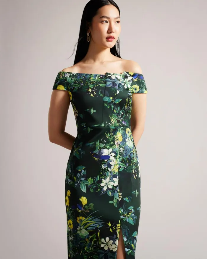 Floral Pleated Bardot Bodycon Dress Dark Green Women Ted Baker Clothing Floral Pleated Bardot Bodycon Dress Dark Green Women Ted Baker Clothing