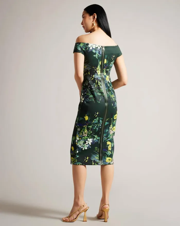 Floral Pleated Bardot Bodycon Dress Dark Green Women Ted Baker Clothing Floral Pleated Bardot Bodycon Dress Dark Green Women Ted Baker Clothing