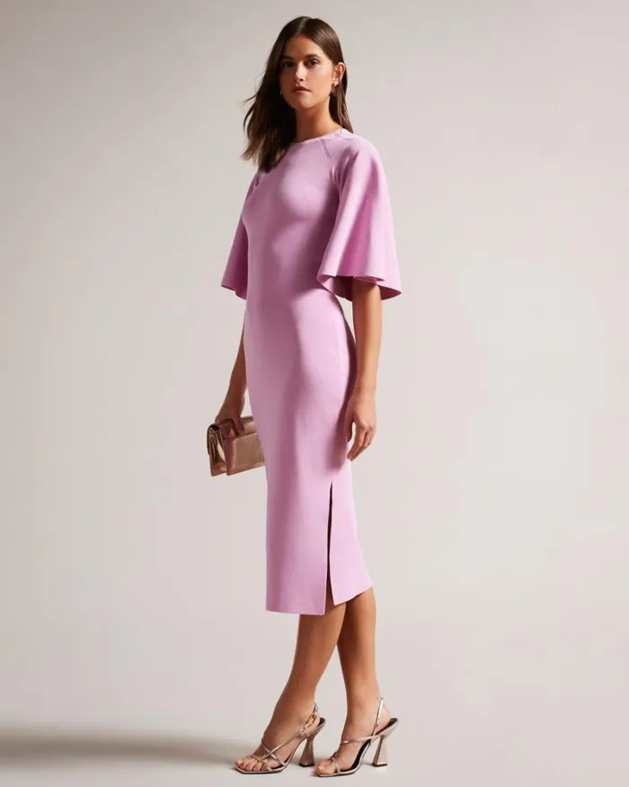 Fluted Sleeve Knitted Bodycon Midi Dress Lilac Women Ted Baker Clothing