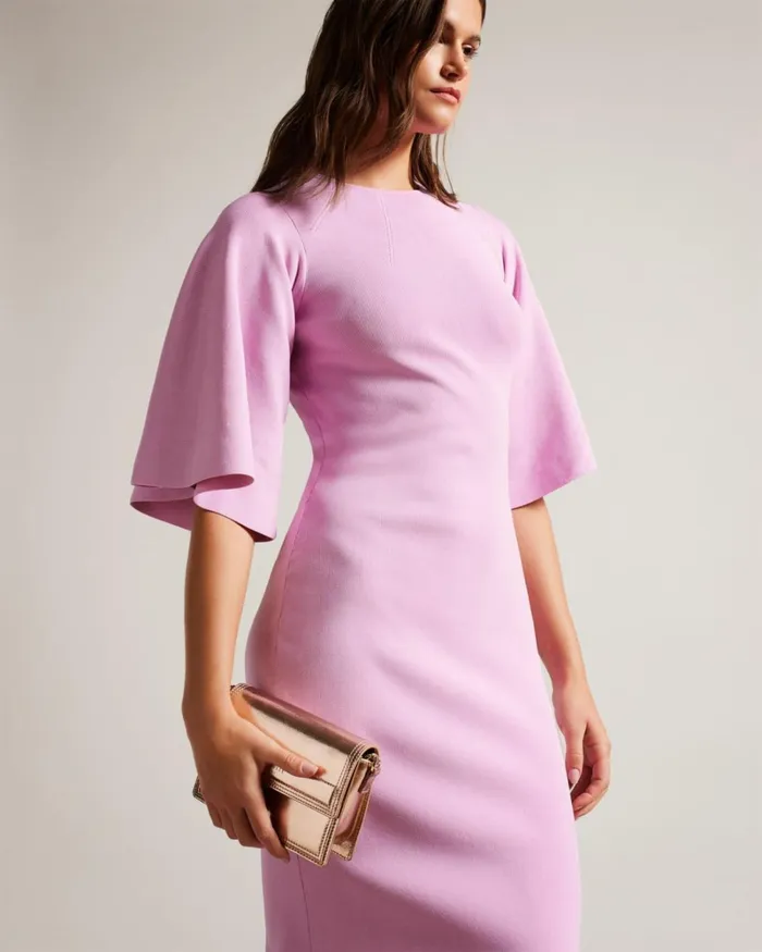 Fluted Sleeve Knitted Bodycon Midi Dress Lilac Women Ted Baker Clothing