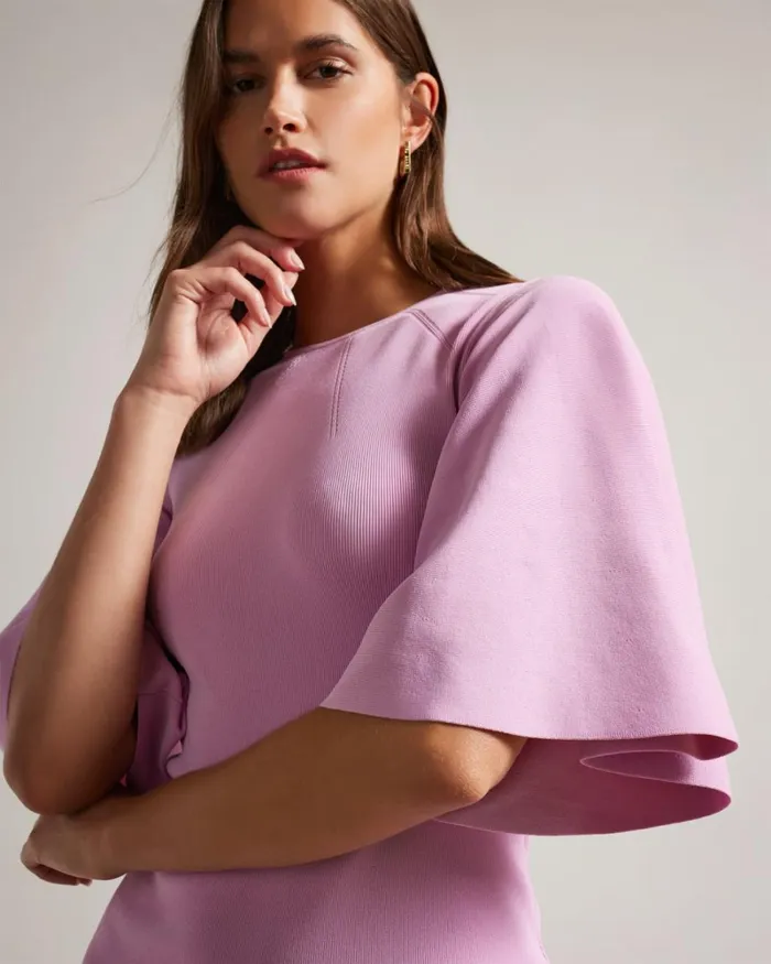 Fluted Sleeve Knitted Bodycon Midi Dress Lilac Women Ted Baker Clothing