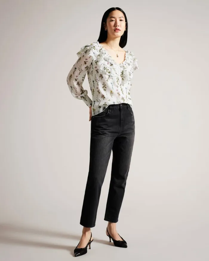 Frilled VNeck Blouse With Long Sleeves White Women Ted Baker Clothing