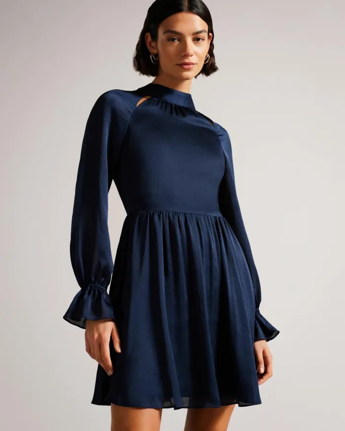 High Neck Fit And Flare Mini Dress Dark Blue Women Ted Baker Clothing