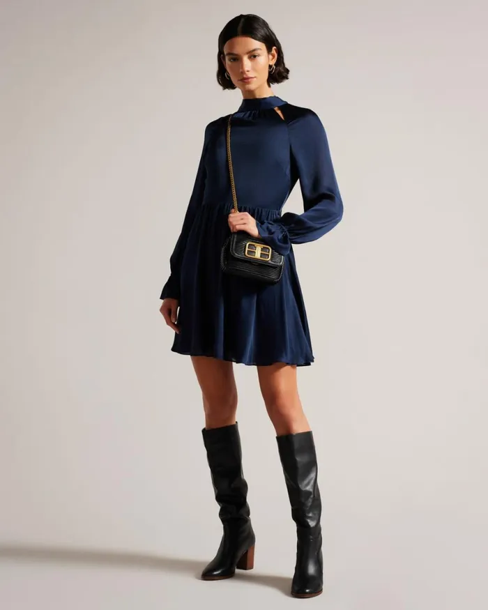 High Neck Fit And Flare Mini Dress Dark Blue Women Ted Baker Clothing