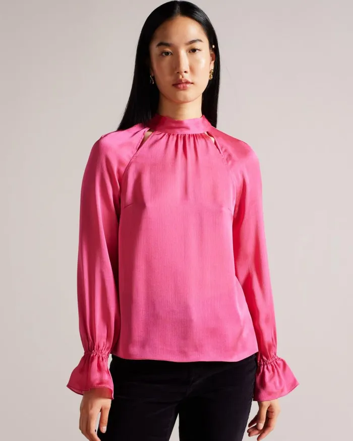 High Neck Long Sleeve Blouse With Cut Outs DeepPink Women Ted Baker Clothing