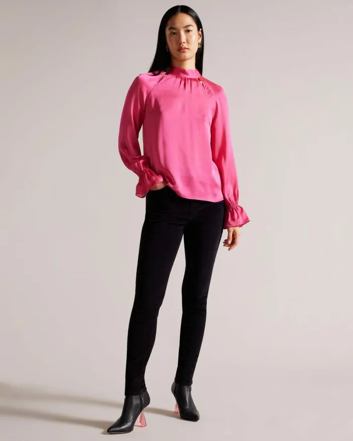 High Neck Long Sleeve Blouse With Cut Outs DeepPink Women Ted Baker Clothing