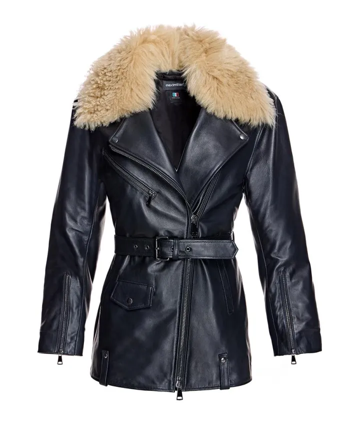 Jackets Women039s Maximilian Leather Belted Moto Jacket With Detachable Lamb Collar